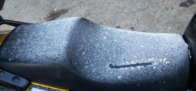 the seat on the fazer covered in frost at ashover